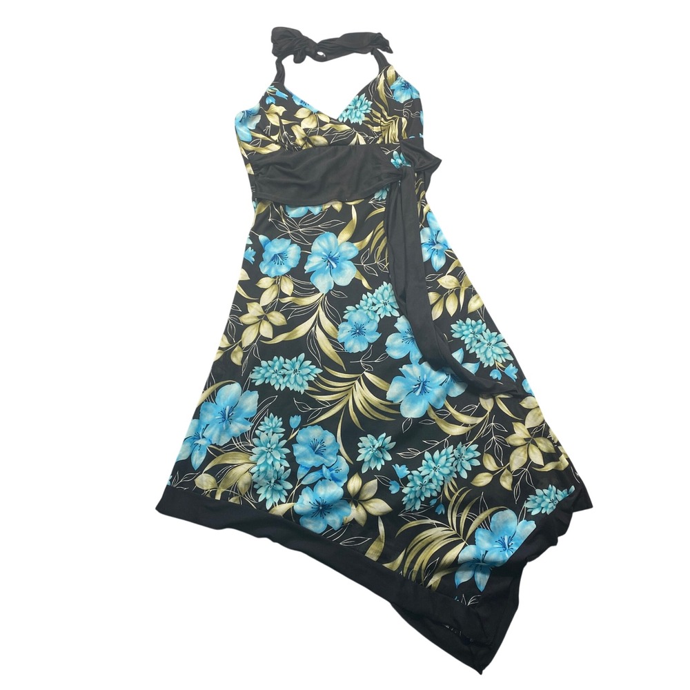 Trixxi Floral Halter Dress Black Blue Tropical Handkerchief Hem Y2K Large T6734